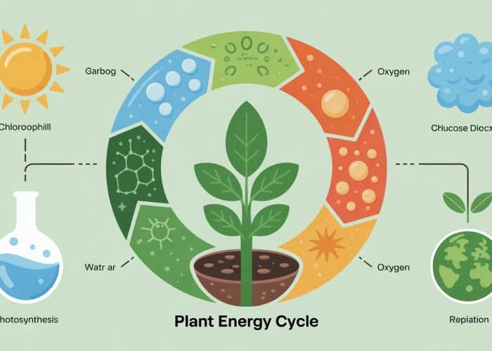 Diagram illustrating the plant energy cycle: sunlight, photosynthesis, glucose, and respiration.