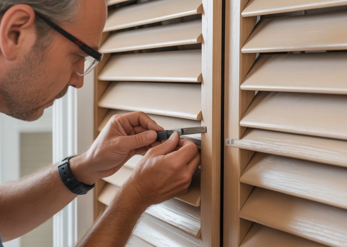 Close-up of damaged plantation shutter being repaired.