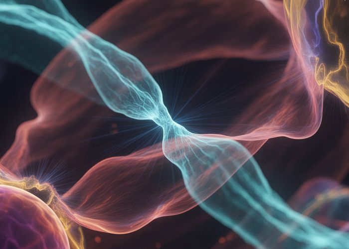 Digital art depicting interacting plasma particles with vibrant colors and dynamic energy flows.