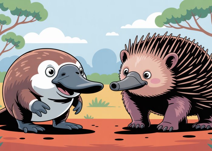 Cartoon platypus and echidna, representing monotremes.