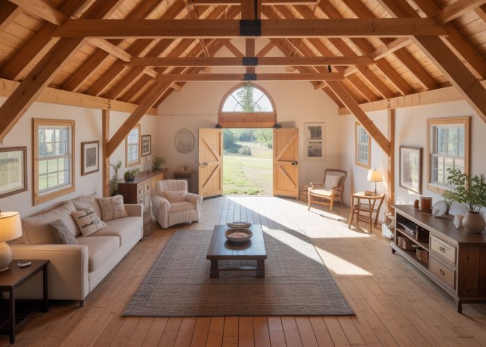 Spacious and well-lit pole barn loft featuring exposed beams, comfortable furniture, and creative use of space.