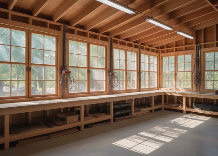 Interior of a pole building workshop flooded with natural light from strategically placed windows.