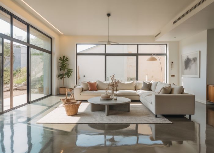 Cost-effective polished concrete flooring in a modern living room.