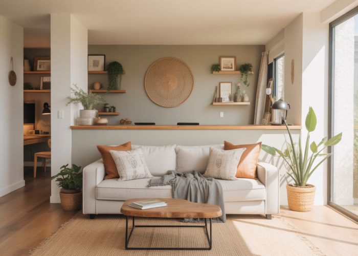 Modern living room with a gray pony wall divider separating the living area from a home office, decorated with plants and a wooden shelf.