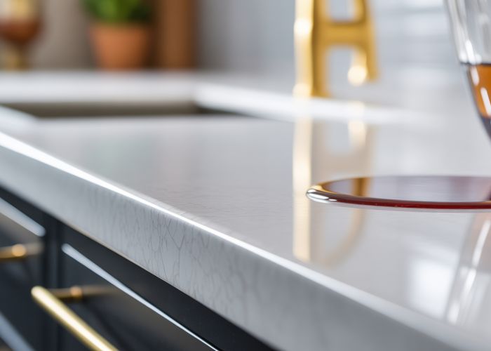 Close-up of a durable porcelain countertop showing its resistance to stains and spills in a modern kitchen setting.