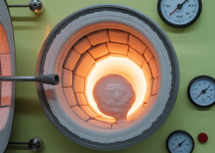 Porcelain melting in a laboratory furnace during a high-temperature experiment to determine its melting point.