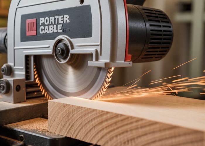 Porter Cable bandsaw cutting through hardwood, showing sparks and blade detail.