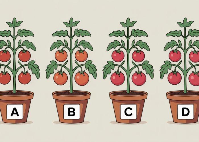 Four tomato plants labeled A, B, C, and D, each showing different levels of fruit yield, representing different fertilizer treatments after a significant ANOVA result.