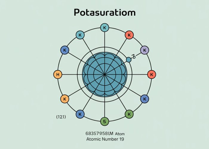 Diagram of the electron configuration of potassium (K), showing electrons arranged in shells and subshells.