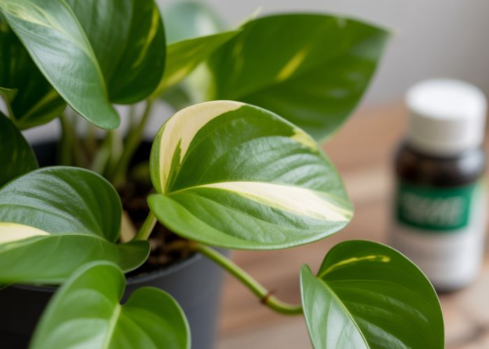 Lush green pothos leaves demonstrating the positive effects of fertilizer, showcasing healthy growth and vibrant color.