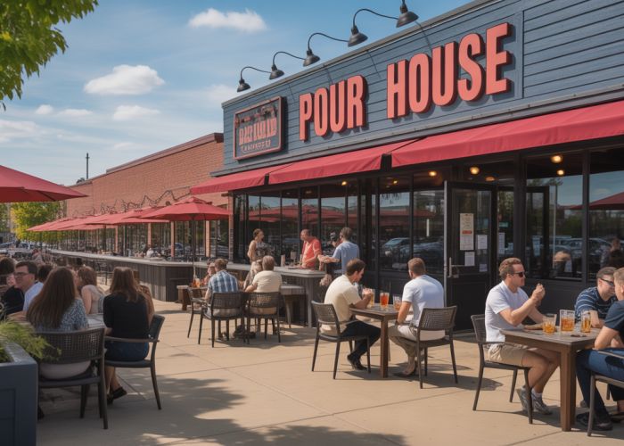 Outdoor patio at Pour House Canfield with patrons enjoying food and drinks in the sunshine.