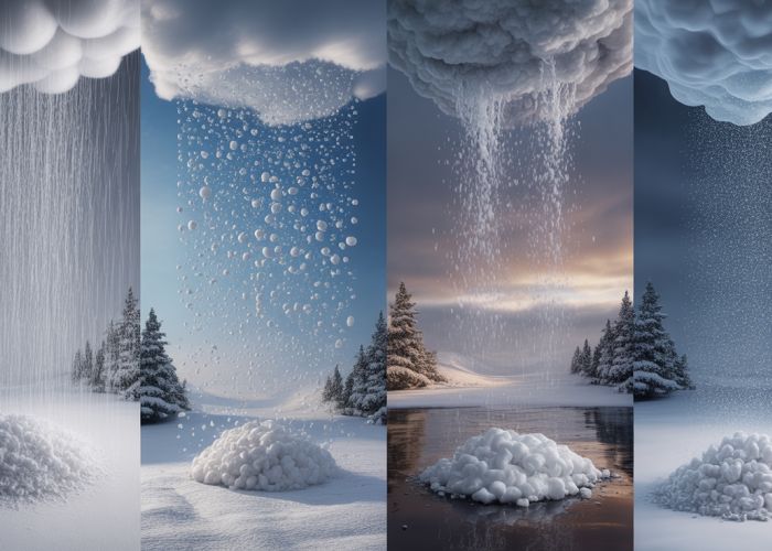 Infographic showing the different types of precipitation: rain, snow, sleet, and hail. Each is displayed in a representative environment.