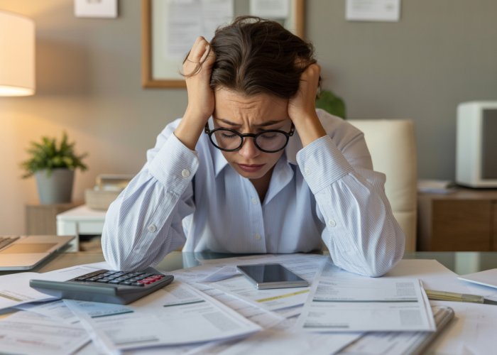Stressed small business owner struggling with prepaid rent accounting.