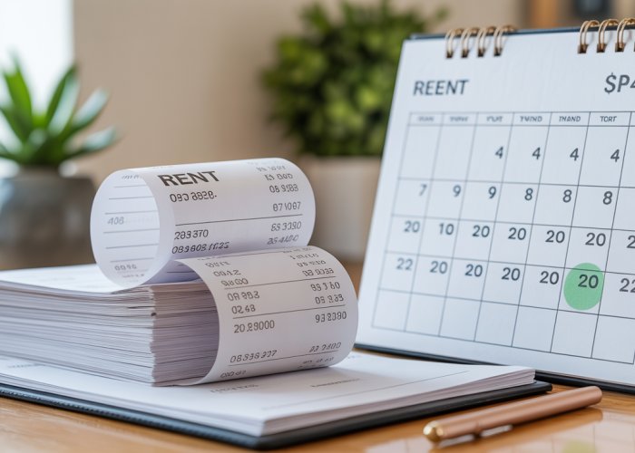 Conceptual image illustrating the definition of prepaid rent with rent receipts and financial planning elements.