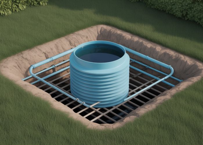 Diagram of a Presby septic system showing the layers of treatment media and the final effluent distribution in the absorption area.