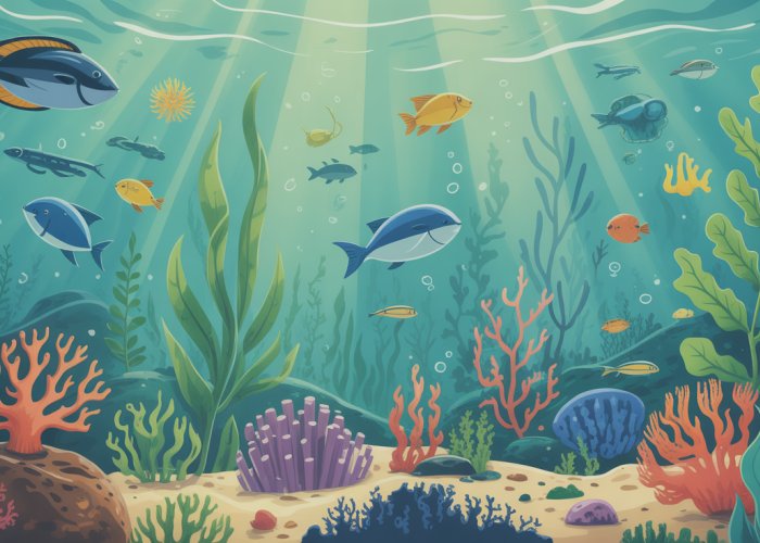 Underwater view showcasing phytoplankton, seaweed, and seagrass, highlighting primary producers in the marine environment.