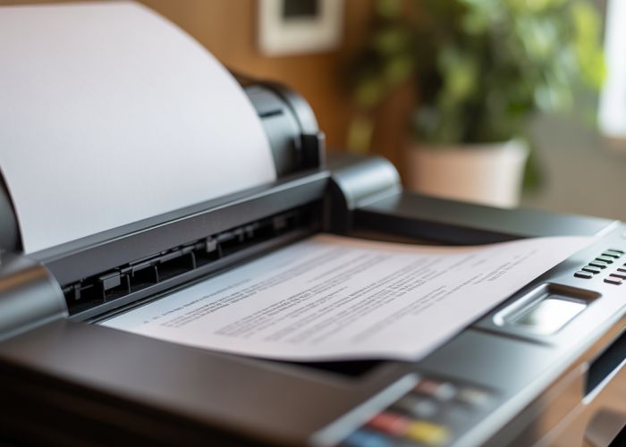 Paper being fed into a printer and a printed document in the output tray, illustrating the input/output process.