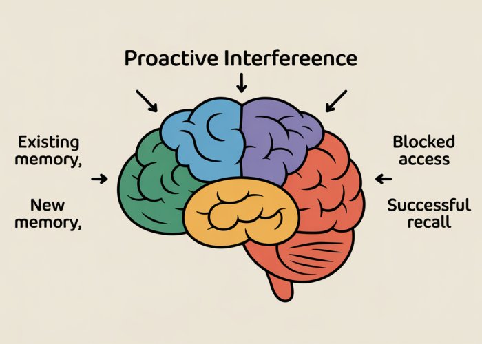 Diagram illustrating proactive interference in memory, showing how old information hinders the recall of new information.