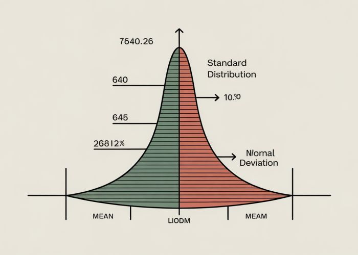Probability bell curve diagram showing normal distribution, mean, and standard deviation. Used to visually represent the distribution of data in statistics.