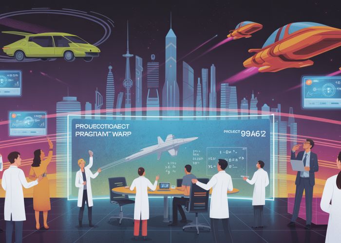 Futuristic city skyline with scientists collaborating on space travel technology for Project Astro Warp.