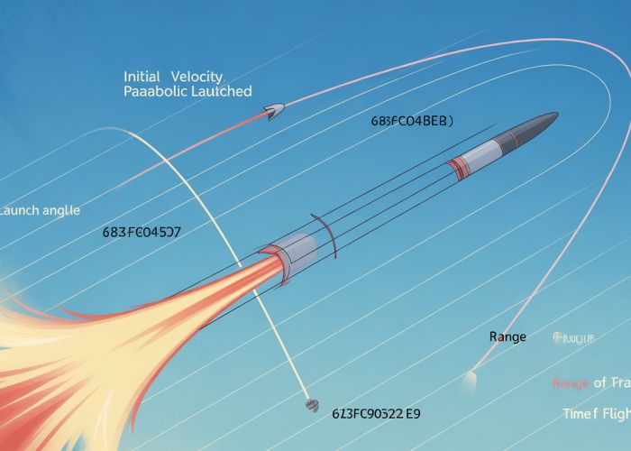 Illustration of a projectile's parabolic trajectory, highlighting initial velocity, launch angle, maximum height, and range.