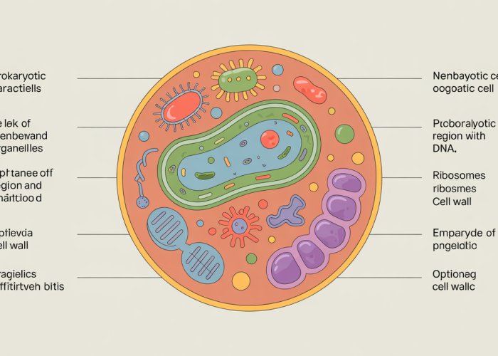 Infographic depicting the key characteristics of a prokaryotic cell, showing its structure including the nucleoid, ribosomes, cell wall, plasma membrane, and optional features like flagella and pili.