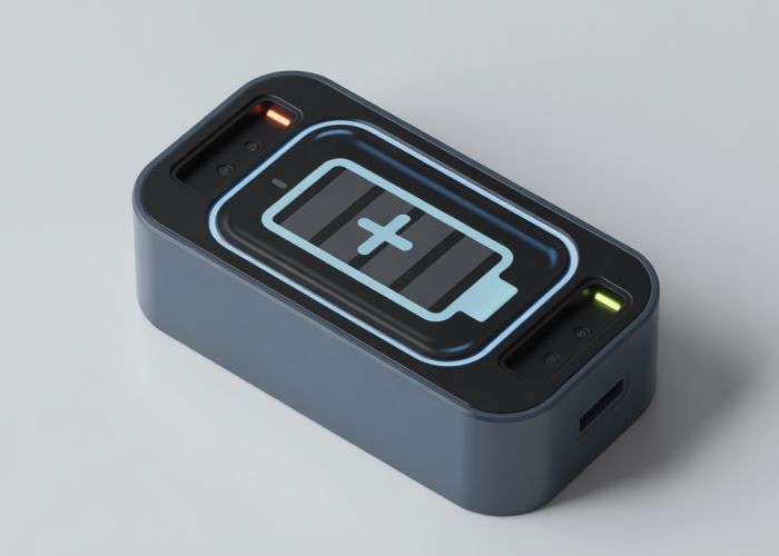 Battery charger with multiple slots, indicating fast charging and prolonged battery life.