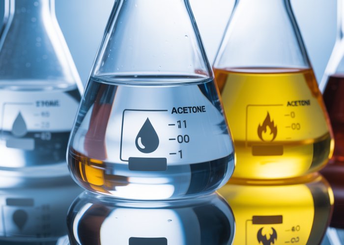 Beakers containing different solvents with icons representing their key properties: polarity, flammability, dissolving power.