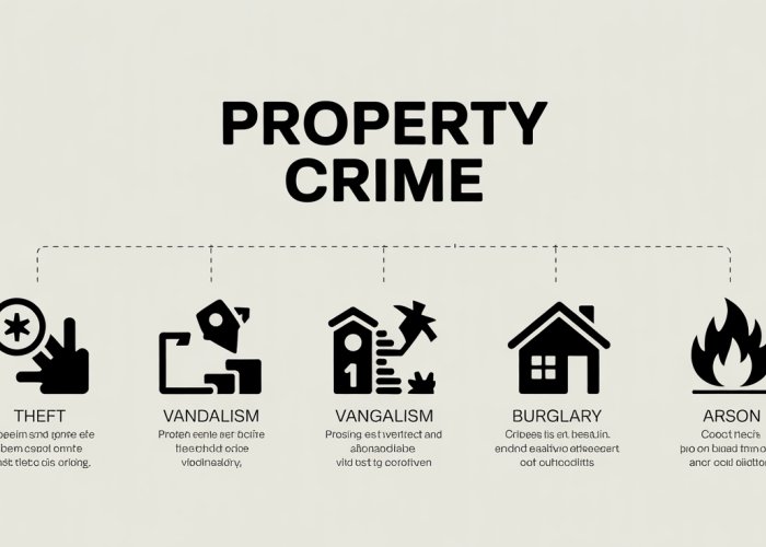 Infographic illustrating the property crime definition, showing icons representing theft, vandalism, burglary, and arson.