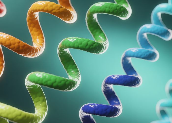 Detailed illustration of different protein structures, including alpha helices and beta sheets.