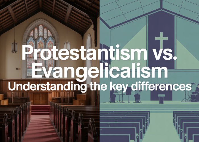 Split screen image contrasting Protestant and Evangelical church styles, highlighting the differences between the two Christian denominations.
