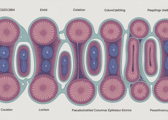 Microscopic image of pseudostratified columnar epithelium in the respiratory tract, showing nuclei at different levels and cilia.