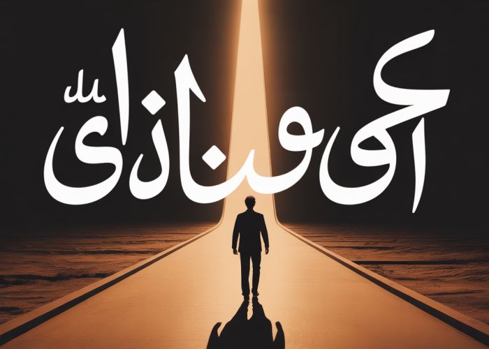 Person walking a winding path towards a light, representing the pursuit of goals with Urdu calligraphy in the background.