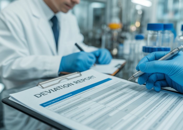 Scientist documenting a deviation in a pharmaceutical quality management system.