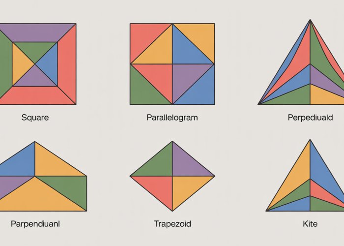 Diagram showing the diagonals of different quadrilaterals: square, rectangle, parallelogram, rhombus, trapezoid, and kite.