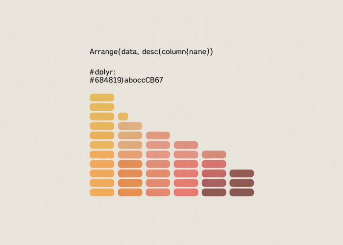 Data visualization showing the 'arrange(desc())' function in R sorting data in descending order. A small R script snippet is also included.