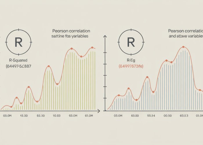 Graph comparing R-squared and Pearson correlation (r) with scatter plots illustrating linear and non-linear relationships, highlighting the differences in their interpretation.