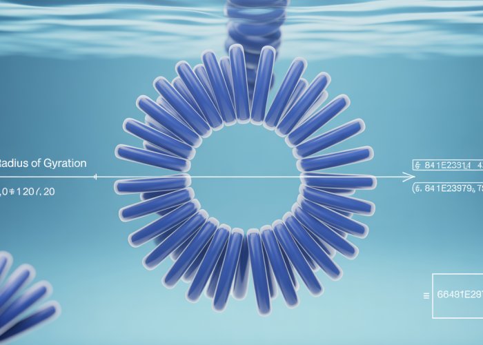 Illustration of a polymer chain with its radius of gyration visualized. The radius of gyration formula is shown.