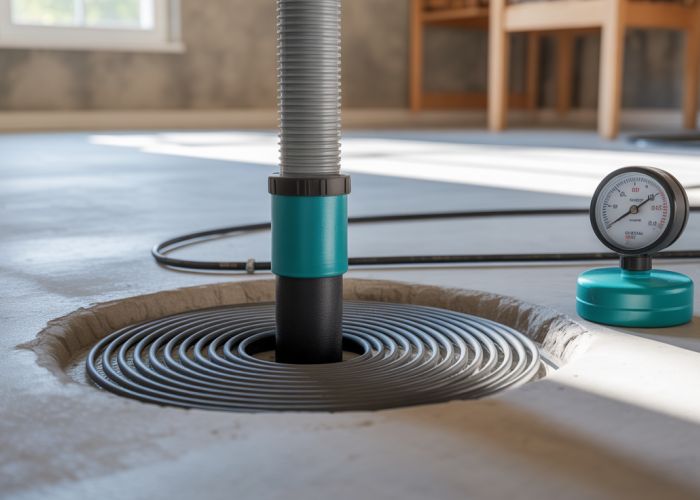 Airtight radon gas seal around pipe in basement floor after mitigation system installation.