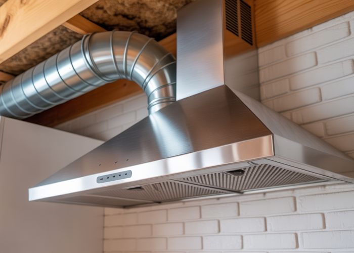 Stainless steel range hood vent ducting securely installed in attic, properly insulated.