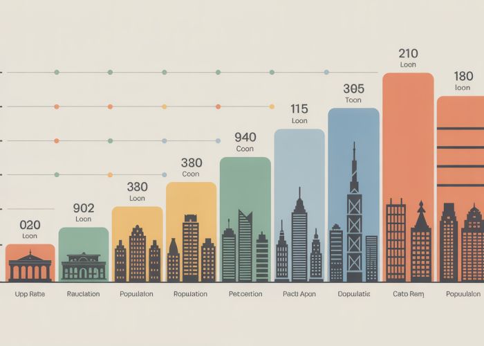 Graph showing the rank-size rule, with city rank on the x-axis and population on the y-axis (both log scale). Example: Top 10 US Cities.