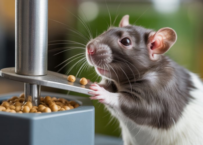 Lab rat pressing a lever in a learning experiment, receiving a food pellet as positive reinforcement.