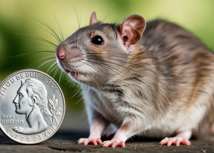 Brown rat next to a quarter coin showing its size