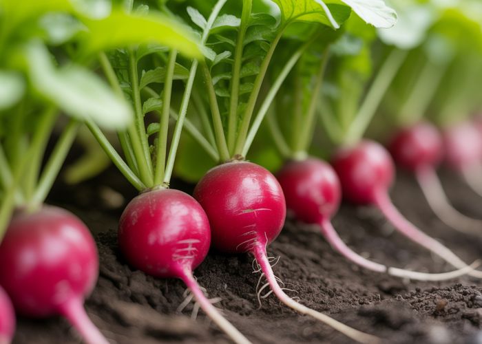 Close-up of long, green rat tail radishes growing in a garden, highlighting their distinctive pod-like shape.