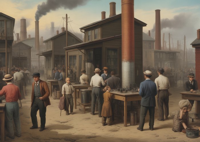 Factory scene reflecting the Realism movement during the APUSH era, showcasing harsh working conditions and industrial pollution.