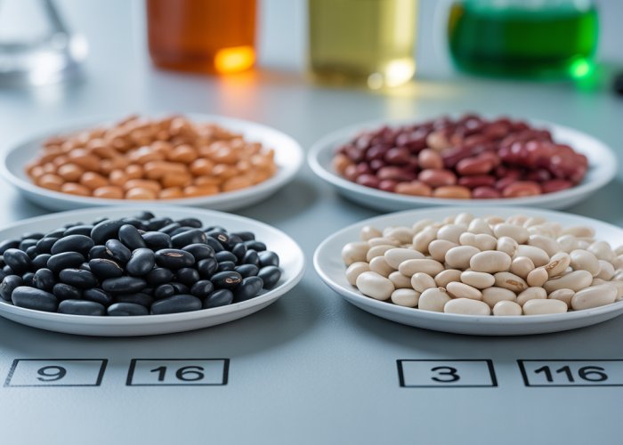 Four plates of beans showing the 9:3:3:1 phenotypic ratio altered to a 9:3:4 ratio due to recessive epistasis, demonstrating the interaction of genes in determining bean color.