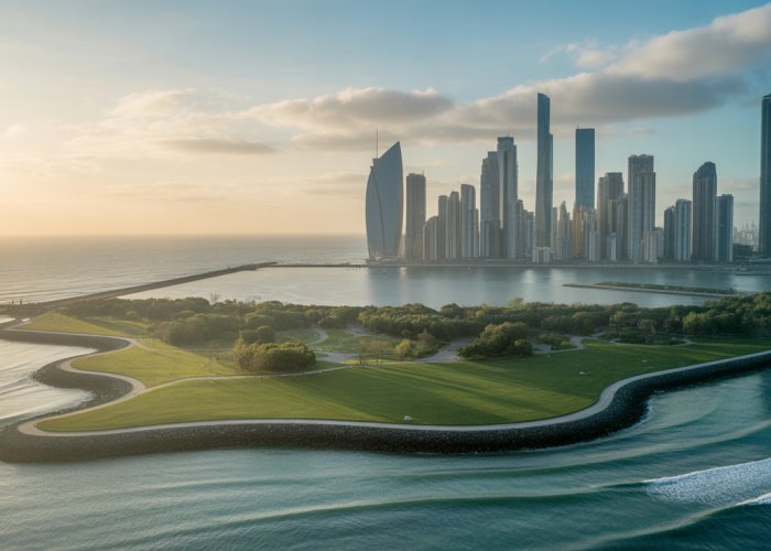 Aerial view of a sustainable city built on reclaimed land, showcasing green spaces and modern architecture.
