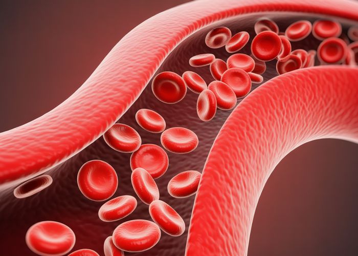 Red blood cells carrying oxygen through a blood vessel.