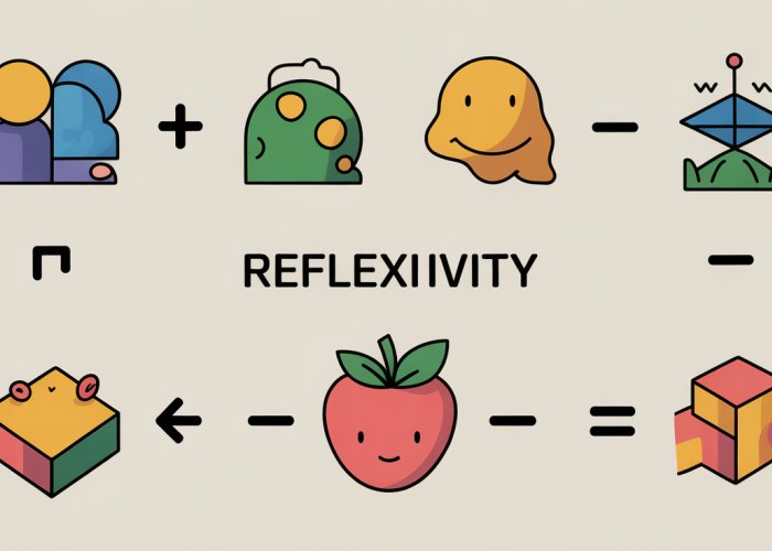 Diagram illustrating examples of reflexive relations in mathematics and real-life scenarios, including sets with self-loops and visual representations of 'is equal to' and 'is at least as tall as' relationships.