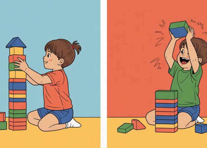 Split image showing a child building a block tower and then gleefully destroying it, illustrating regression and transgression.
